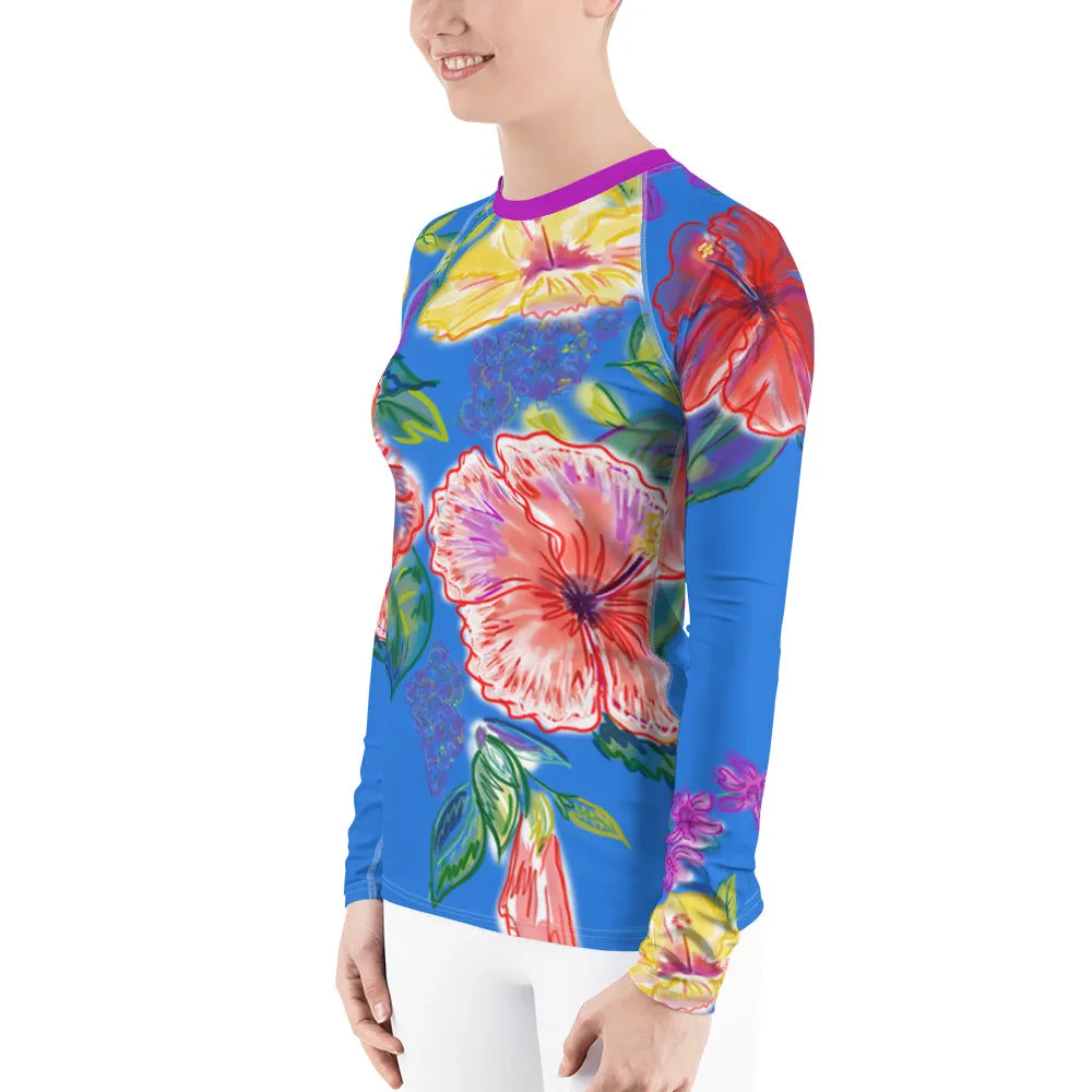 Women's Rash Guard: Tropical Flowers, Orchids & Hibiscus in Periwinkle