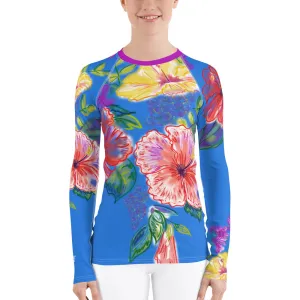 Women's Rash Guard: Tropical Flowers, Orchids & Hibiscus in Periwinkle