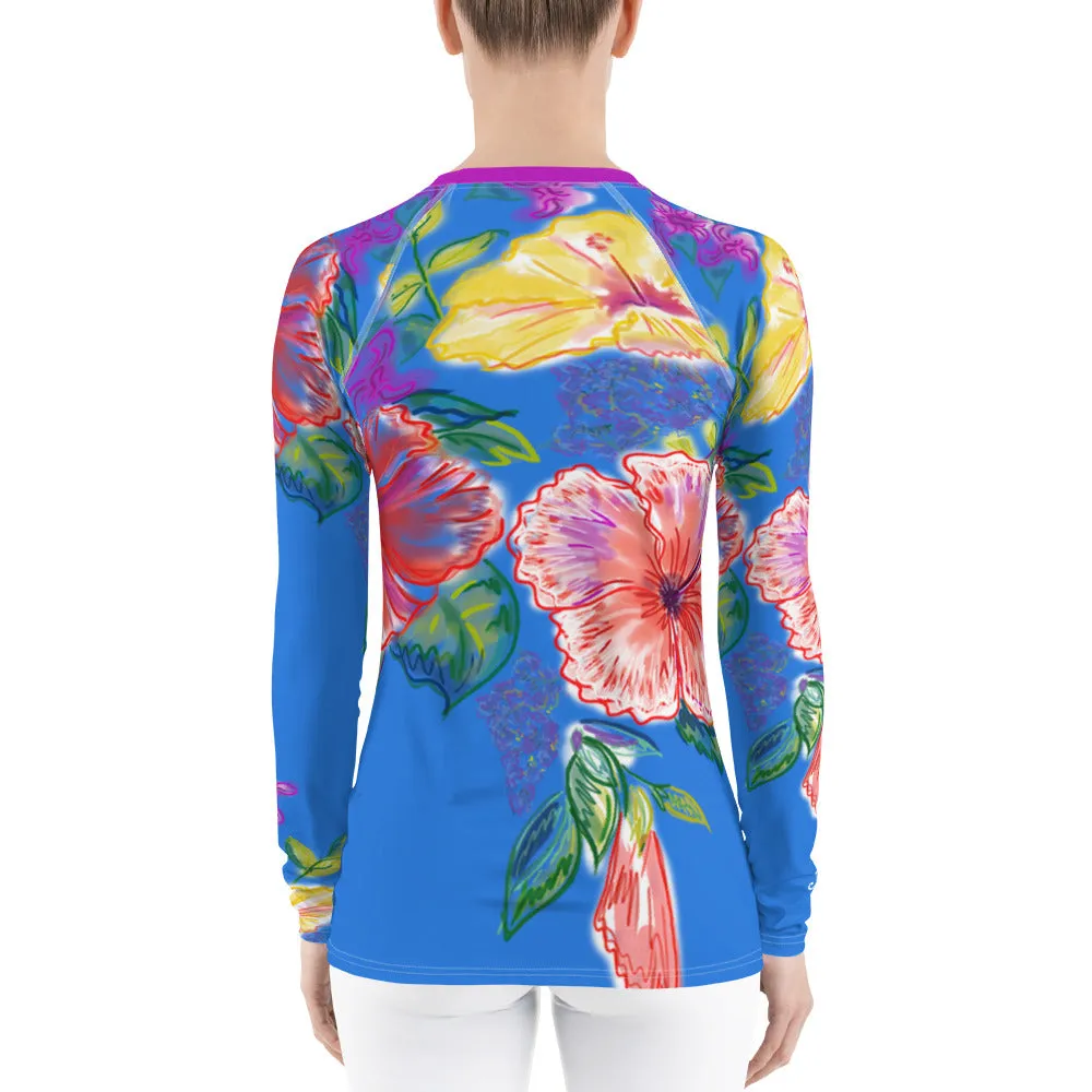 Women's Rash Guard: Tropical Flowers, Orchids & Hibiscus in Periwinkle