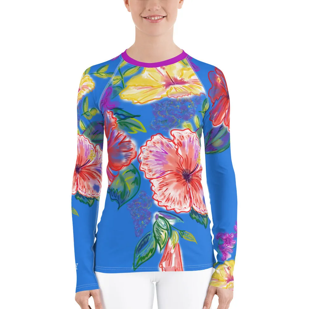 Women's Rash Guard: Tropical Flowers, Orchids & Hibiscus in Periwinkle