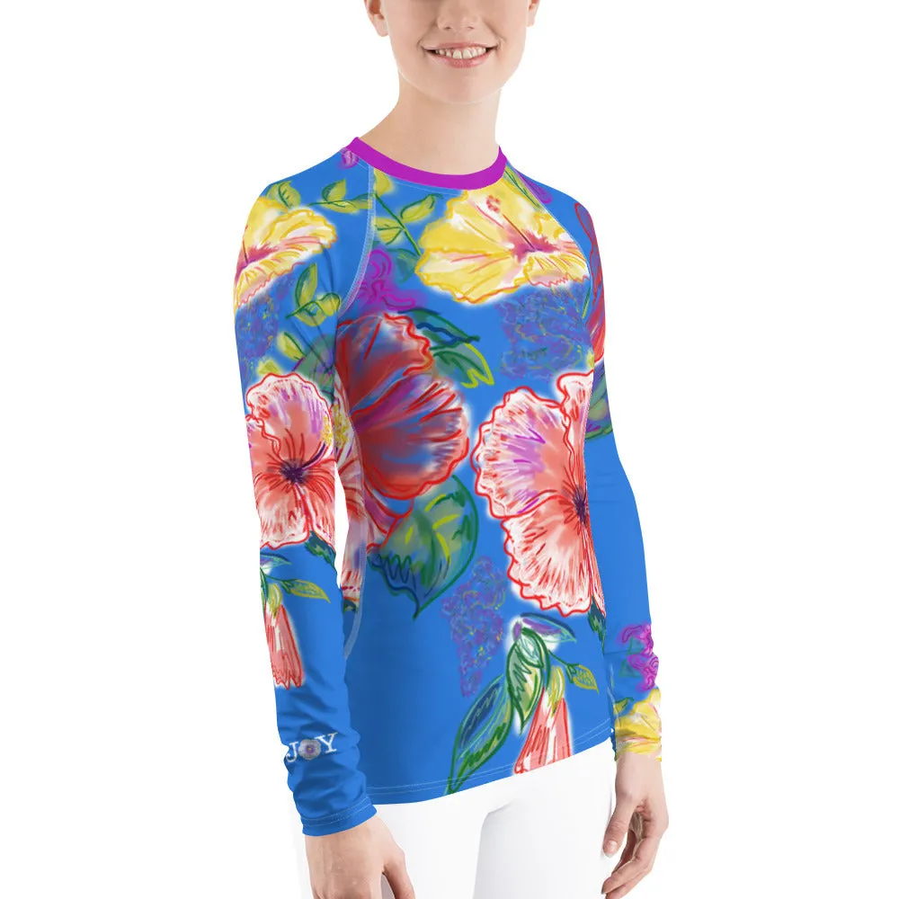Women's Rash Guard: Tropical Flowers, Orchids & Hibiscus in Periwinkle
