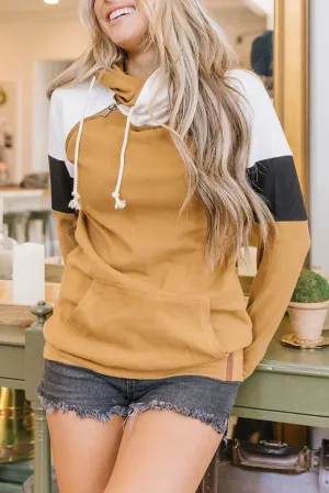 Yellow Double Hooded Color Block Thumbhole Sleeve Sweatshirt