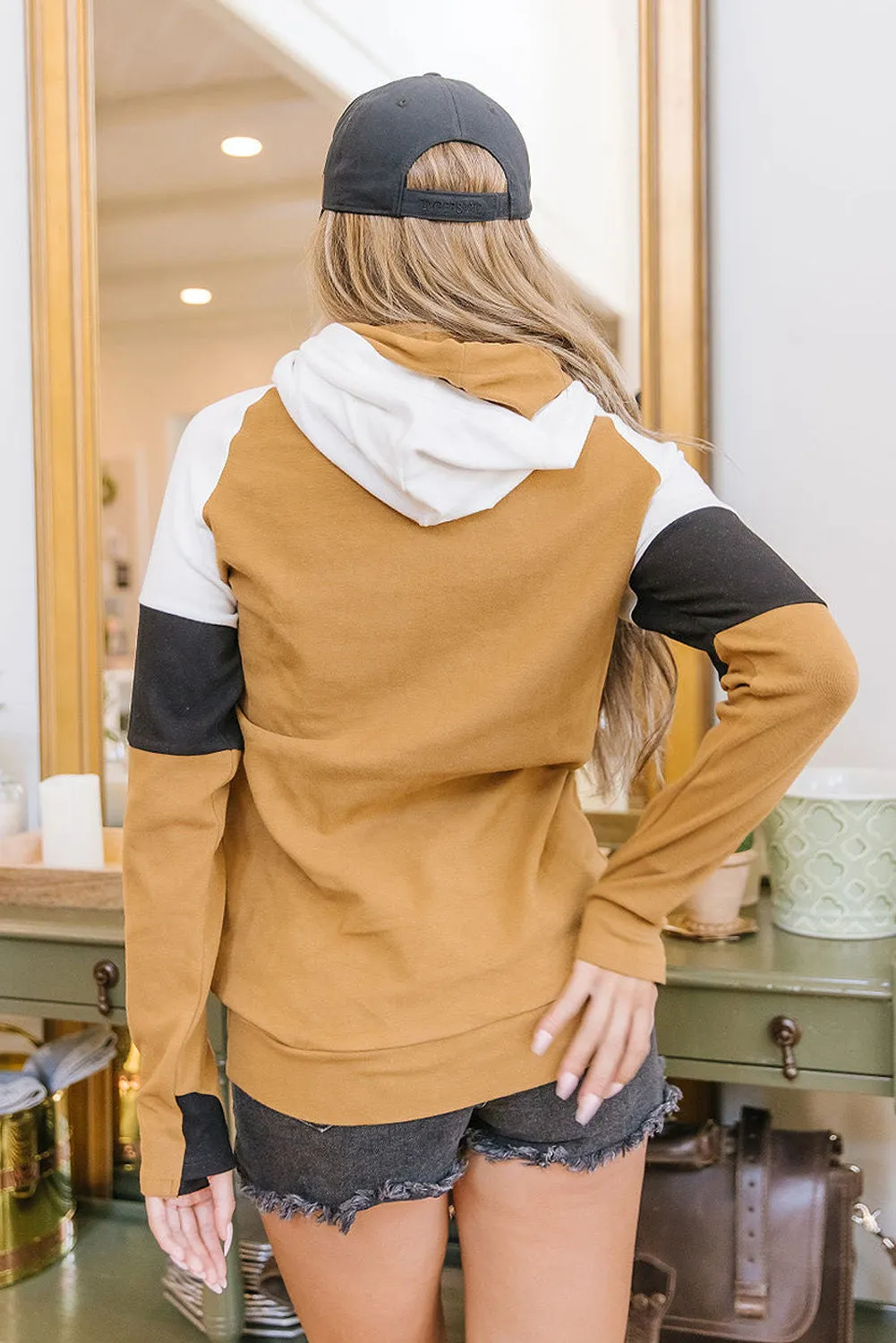 Yellow Double Hooded Color Block Thumbhole Sleeve Sweatshirt