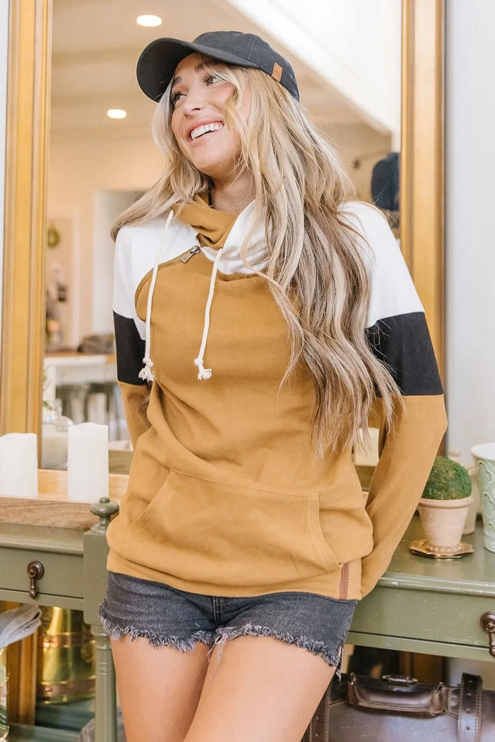 Yellow Double Hooded Color Block Thumbhole Sleeve Sweatshirt