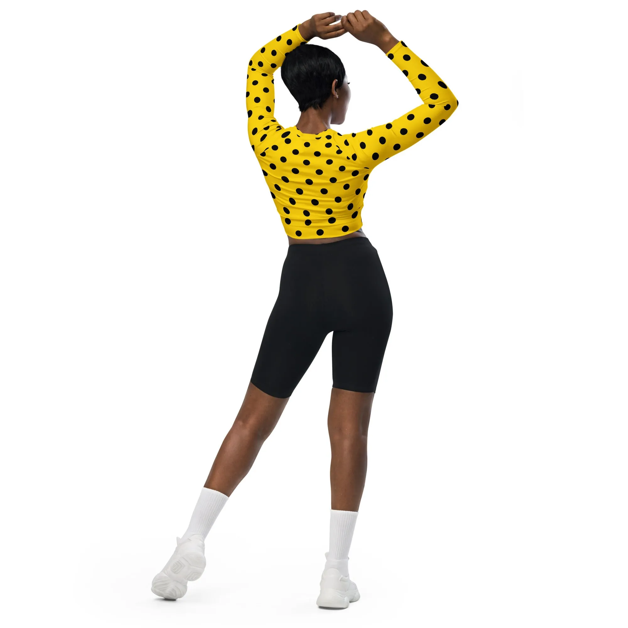 Yellow Polka Dot Recycled Long Sleeve Crop Swim Top Rash Guard UPF 50 