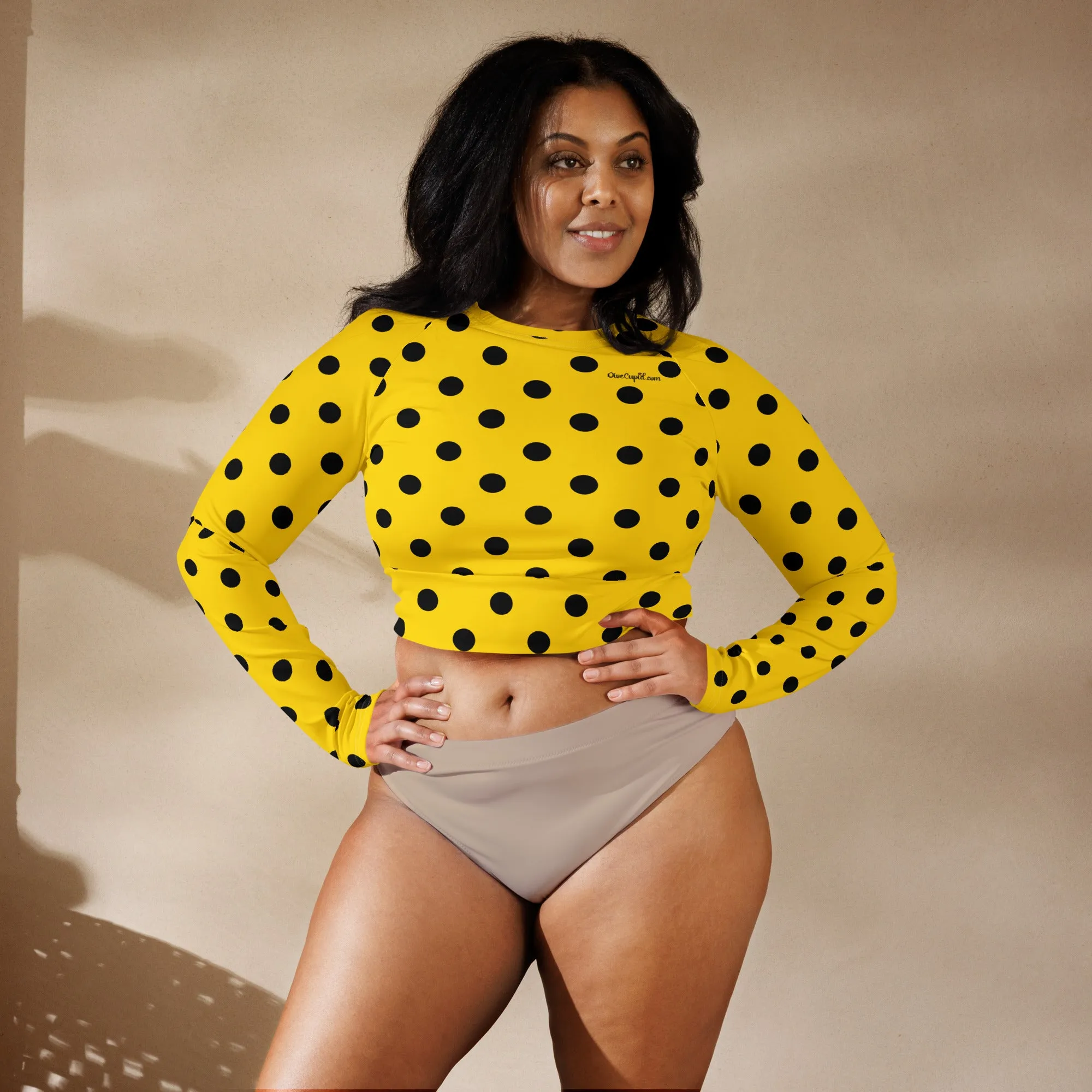 Yellow Polka Dot Recycled Long Sleeve Crop Swim Top Rash Guard UPF 50 
