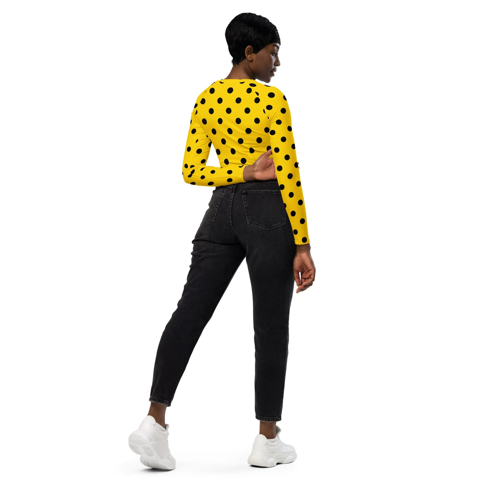 Yellow Polka Dot Recycled Long Sleeve Crop Swim Top Rash Guard UPF 50 