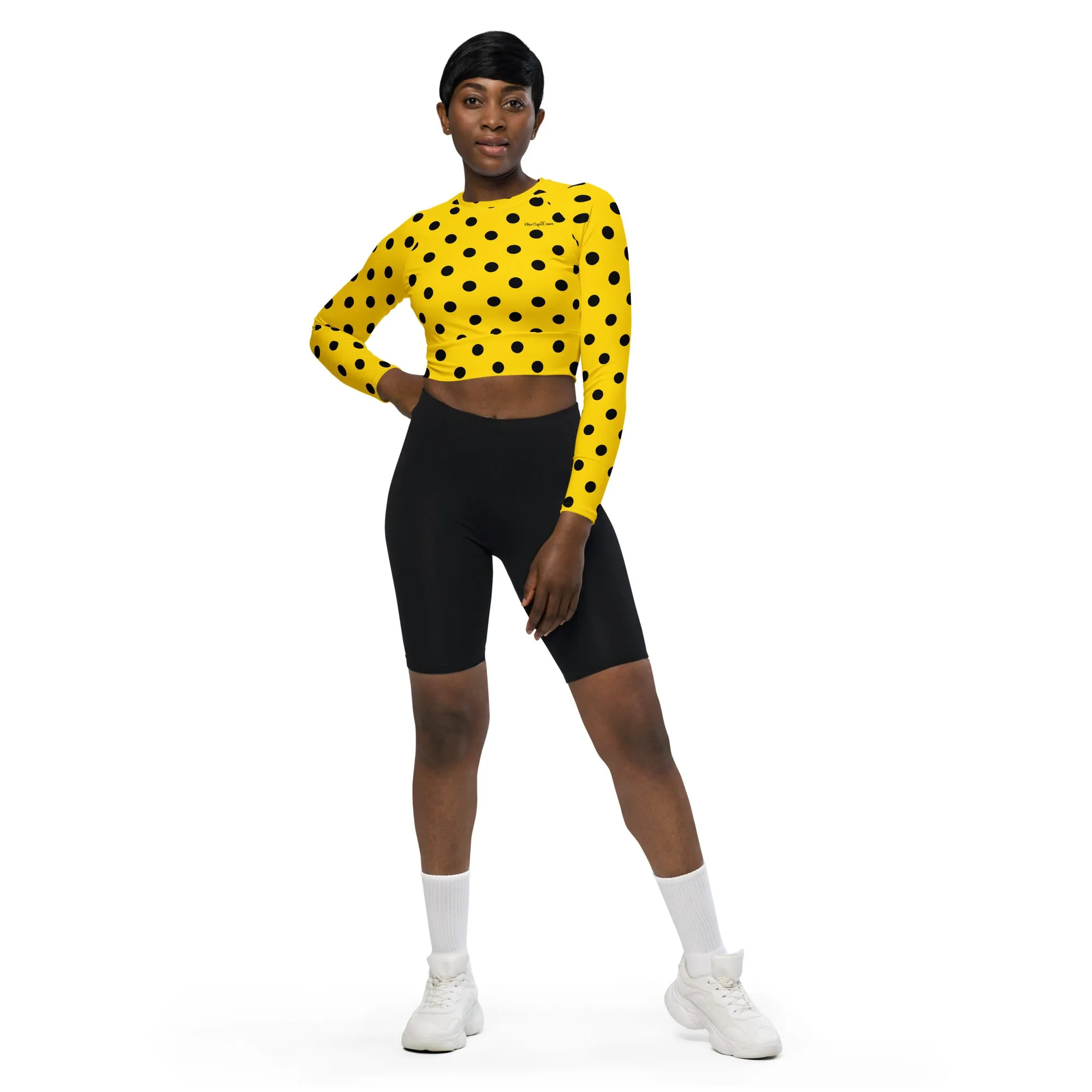 Yellow Polka Dot Recycled Long Sleeve Crop Swim Top Rash Guard UPF 50 