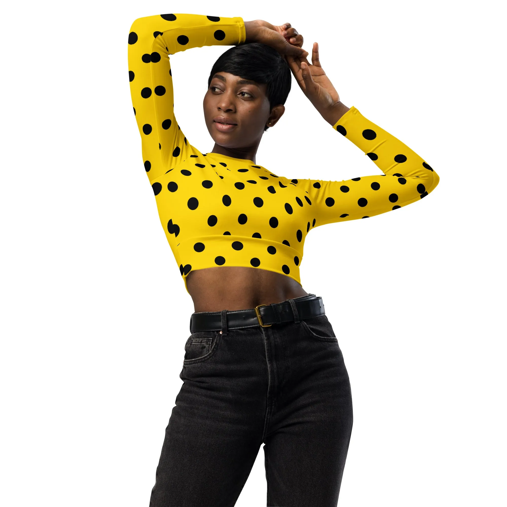 Yellow Polka Dot Recycled Long Sleeve Crop Swim Top Rash Guard UPF 50 