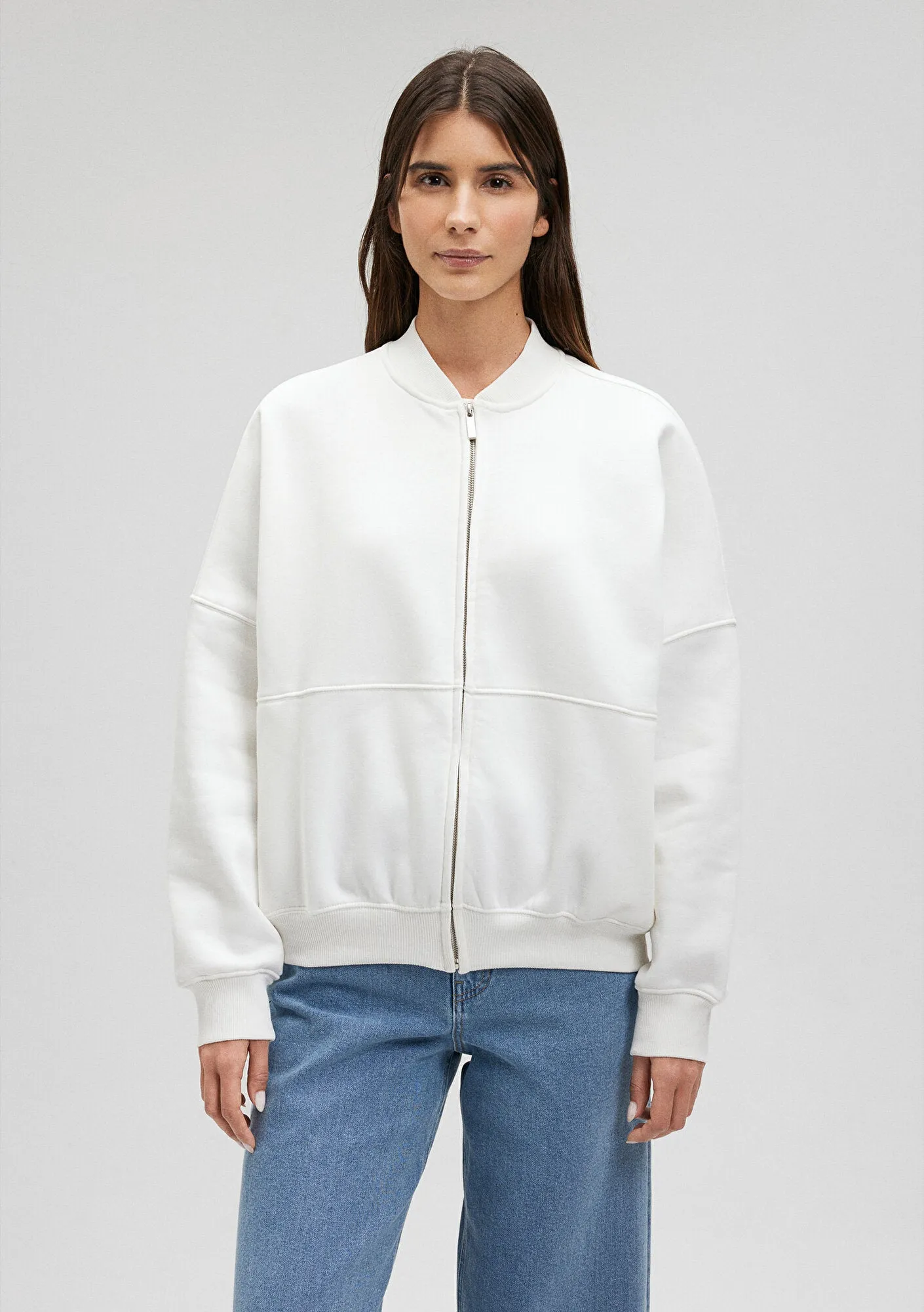Zip Up White Bomber Sweatshirt