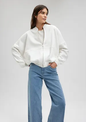Zip Up White Bomber Sweatshirt