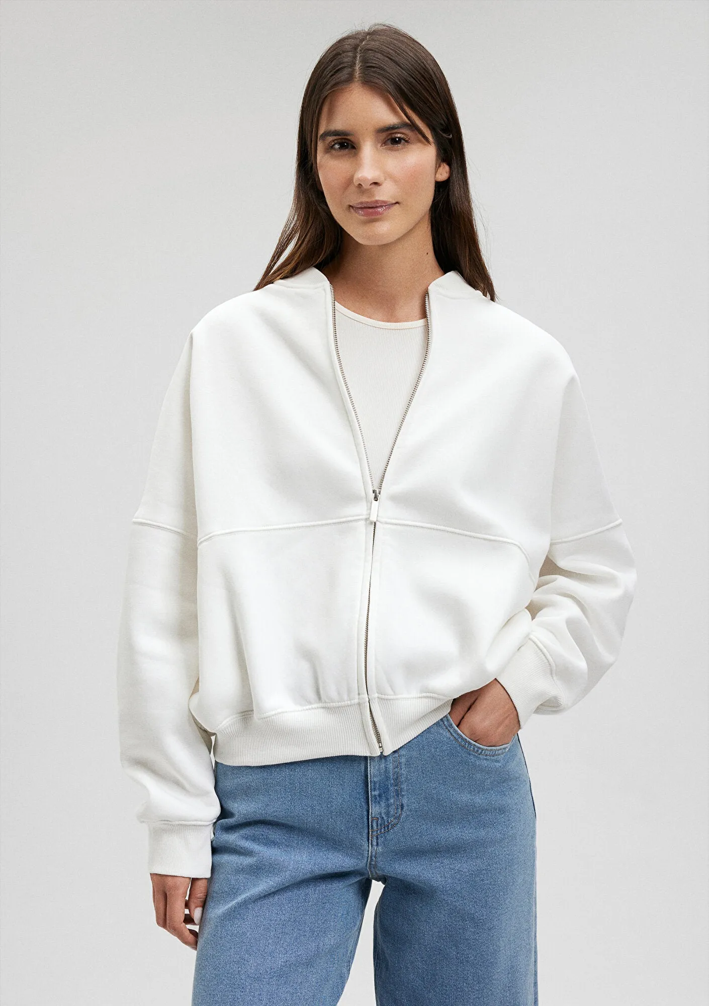 Zip Up White Bomber Sweatshirt