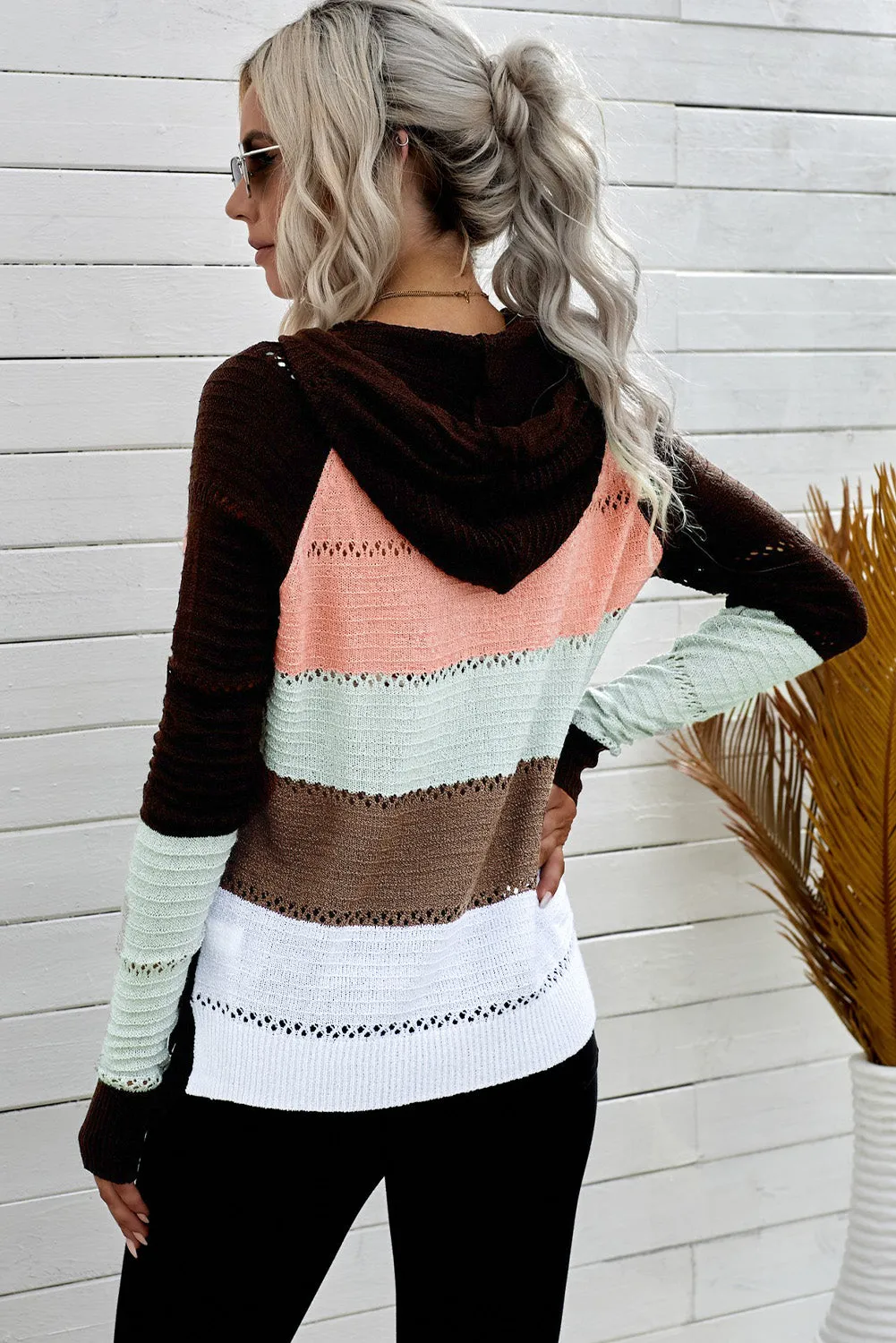 Zipped Front Hollow-out Knit Hoodie