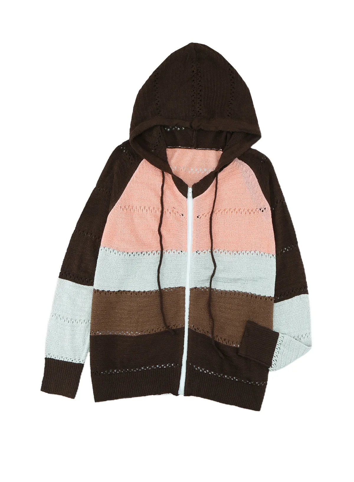 Zipped Front Hollow-out Knit Hoodie
