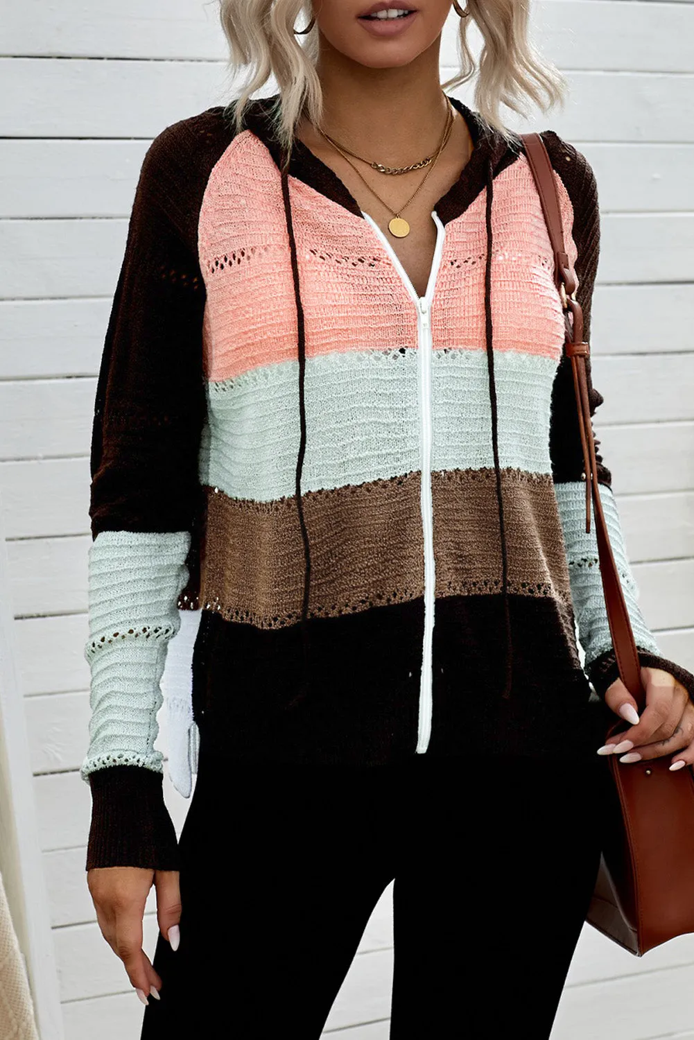 Zipped Front Hollow-out Knit Hoodie